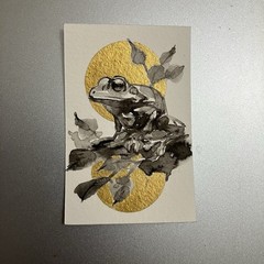 Original Frog Painting Miniature Realism Sumi-e Gold Accent Farm Art collectible