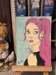 ACEO Original Painting,Acrylic Markers,Woman with hummingbird,sized 2.5 in x 3in
