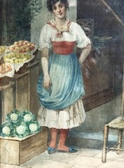 ANTQ 19th C Origin. Italian Genre Watercolor / Paper «Young Market Woman» Signed