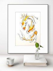 Original Abstract 9×12 3 Koi Paper Ink Handmade Signed Fine Wall Art Decor 22