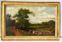 Vint. Art Painting Rural Landscape with Cattle/Cows Grazing and in River, Framed