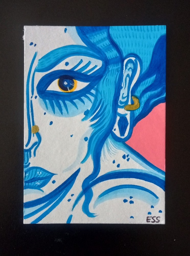 Tiny Art Club OOAK Abstract Blue Girl Painting By ESS22, 3.5 x 2.5 in., Unframed
