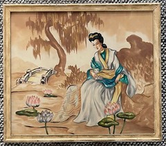 Large Vintage 1950s 1960s Asian Watercolor Painting Mid Century Modern Art André