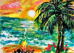ORIGINAL ACEO Painting Palm TREES Fire Ocean Waves Sunset Sun Summer Sea ATC ART