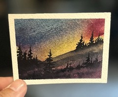 ACEO Watercolor Painting, Northern Lights 22, Landscape, Signed By Sasha Lehto