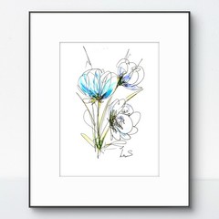Original Abstract Expressionism 9X12 Blue Flower Paper Ink Handmade Signed 13