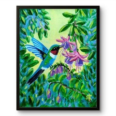 Original Hummingbird Floral 8×10 Canvas Painting Signed Impressionist Decor
