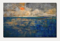 Acrylic canvas abstract orange sun blue ocean painting with textures. Original