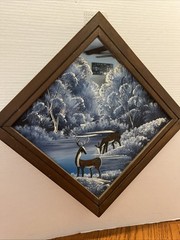 Country Deer Painting On Mirror 14” X 14 ” Winter Trees Signed Framed