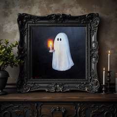 Handpainted Halloween oil painting on canvas original ghost with candle 8×8