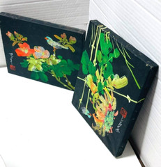 JAPANESE FLORAL BIRDS Acrylic PAINTING ON Black CANVAS SIGNED 50’s ORIGINAL 2pc