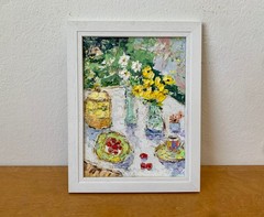 Still Life With Cherries And Flowers Oil Painting On Canvas Board Summer Garden