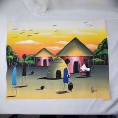 African Village Sunset Canvas Painting By Patrick Folk Art – 19.25″ x 15″