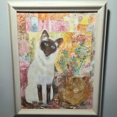 Framed Cat Oil Painting Siamese & Tabby Folk Art Ziroli 18.5 x 14.5