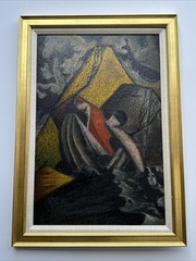 MID CENTURY PAINTING SURREALIST LANDSCAPE MODERNISM MEXICAN VOLCANO MEXICO LOCO