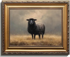 Vintage Gold Framed Wall Art, Black Sheep Canvas Oil Painting, Neutral Farmho…