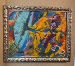 Large Vibrant Abstract Mixed Media Painting on Canvas in Ornate Silver Frame