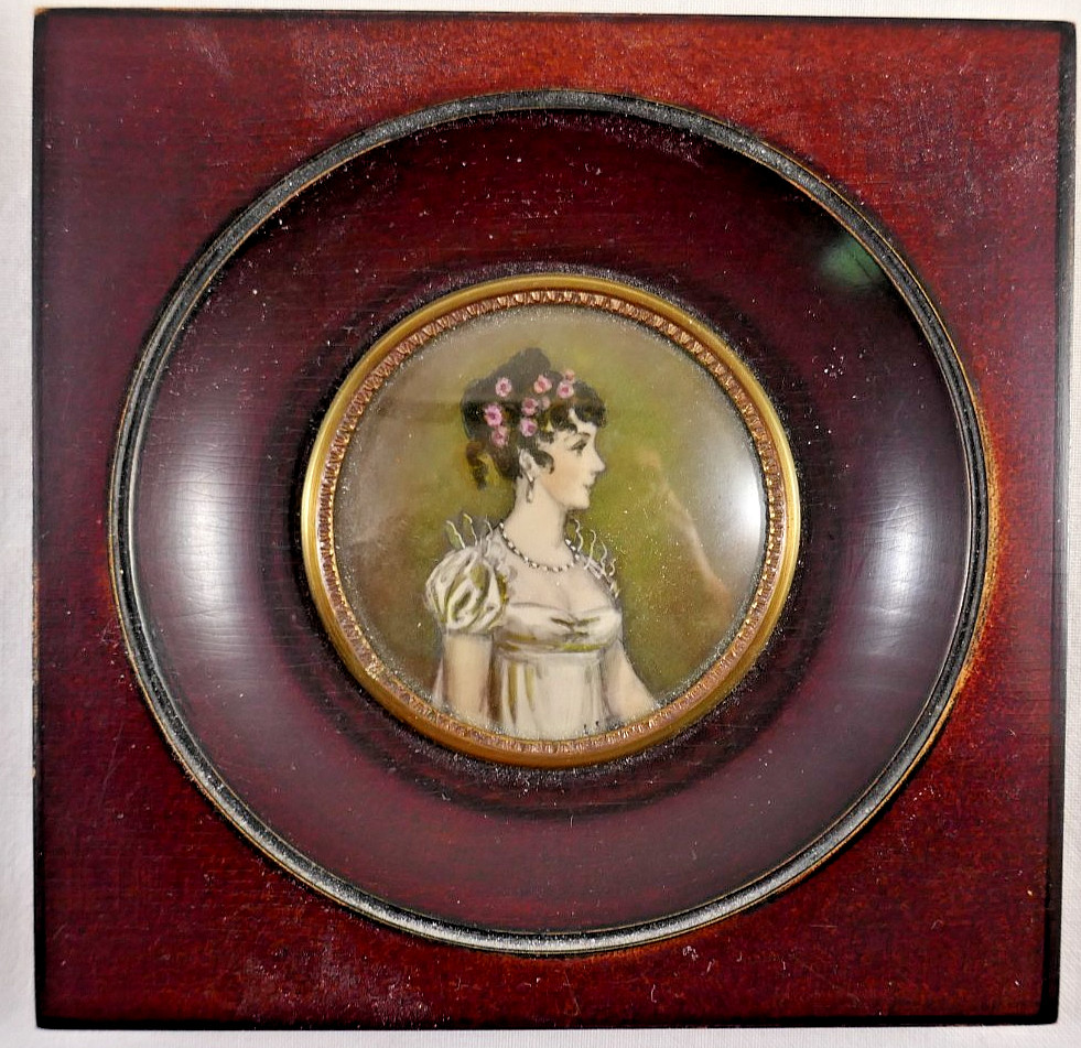 Antique Miniature Painting / Magnifying Glass Painting – Empire Style Portrait of Woman