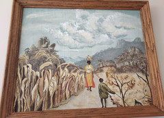 African Folk Art «Village mother & child Scene» Oil Painting Framed 22×18″