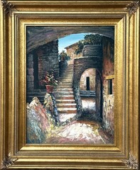 VTG Mid-20th C Orig. Impressionist O/C «Italian Courtyard» Signed Kostas, Framed