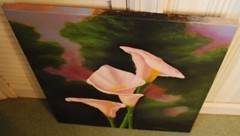 Vintage PINK CALLA LILIES FLOWERS Original Art ACRYLIC PAINTING Signed 24″ x 18″