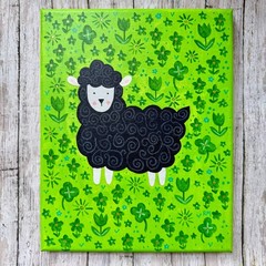 Black Sheep in the Green Meadow Original Acrylic Painting On Canvas 8×10 inches