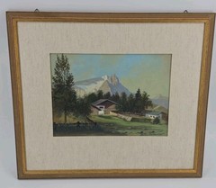 Old Vintage German Oil Painting Mountains Cabin Farm Framed Signed Gottert 1950!