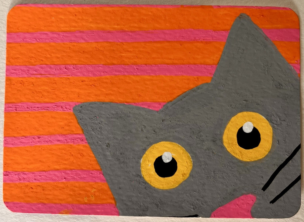 ACEO original painting curious cat contemporary 2.5in x 3.5in