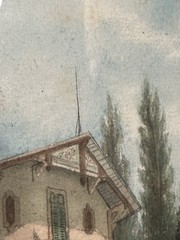 Antique Original Watercolor By Jean Danner 1868 -1939 Swiss Alps Inn Cafe
