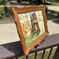 VTG Trio of Cats Kittens Acrylic Painting Scalloped Wood Frame 1999 Signed 15×12