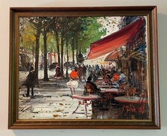 Vintage 1960-70s Lalli Paris Cafe/Street Scene Painting, Oil/Canvas Board 16×20″