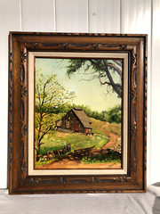 OIL PAINTING vintage old CABIN in the country Carved WOOD Frame signed