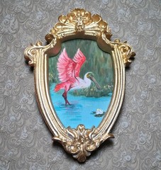 Set Of 2 Roseate Spoonbill bird mini prints in gold vintage style ornate frame