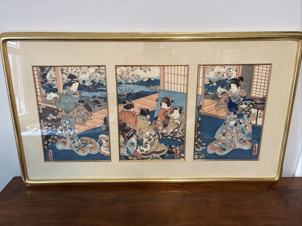 1830’s Kunisada Antique Japanese Woodblock Print Ukiyo-e Kimono Triptych 38”x22”