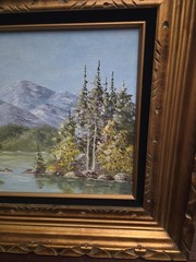Vintage Oil Painting Of Forest & Mountain On All Wood Frame Signed NICE