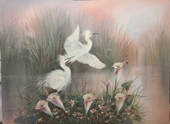 Dancing Egrets 36″x48″ Original Oil Painting By T. C. Chiu Unframed(Some Wear)