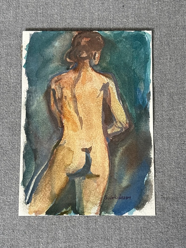 Signed S. Jakobsson Nude Woman Back Portrait Watercolor Painting Art