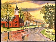 Vintage Rural Church Oil Painting Landscape Homes People Trees Jeannette Lemay