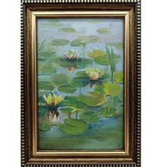 Water Lilies Original Oil Painting 6×4 Framed Signed Lotus Lake Landscape Art