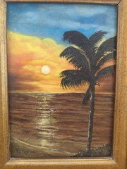 Vintage Framed Mexican Sunset Oil Painting Palm Tree Beach Framed 5″x7″ Signed