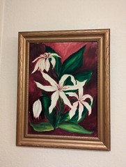 Vintage Lili White Flowers Colorful Hand Made Painting 19 X 15 Signed in black