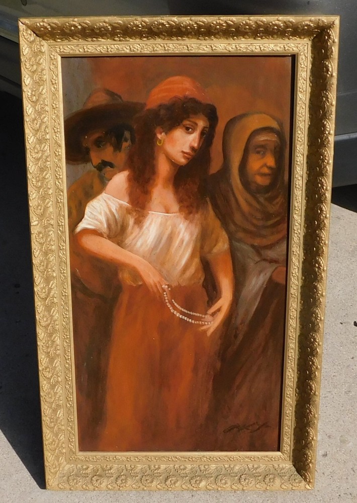 VIntage oil painting circa 1900 signed mystery artist, woman with pearls