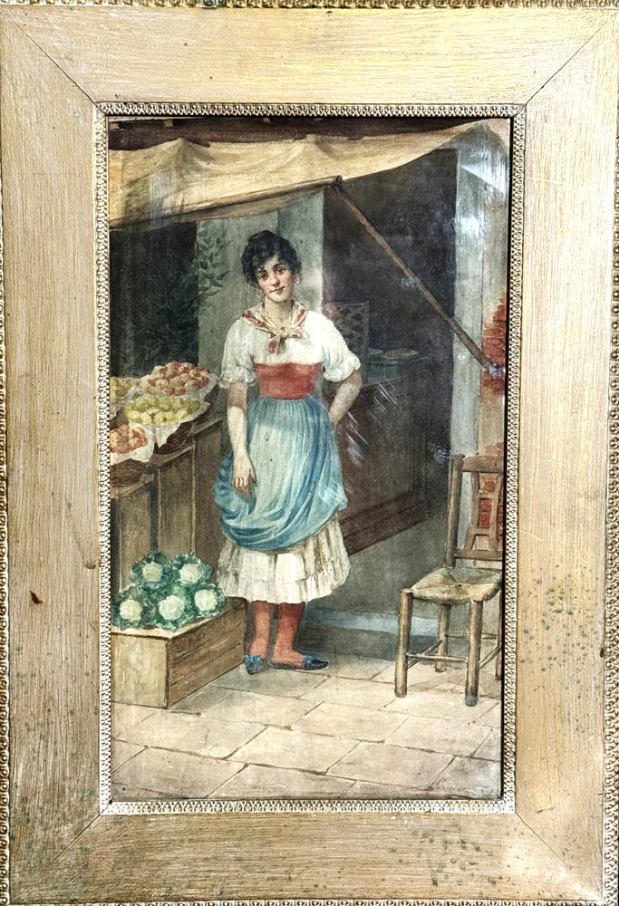 ANTQ 19th C Origin. Italian Genre Watercolor / Paper «Young Market Woman» Signed