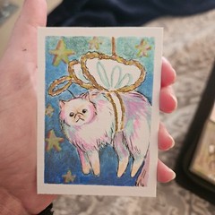 ACEO Art Original Acrylic, 2.5 x 3.5 inches, angel kitty with sparkly background