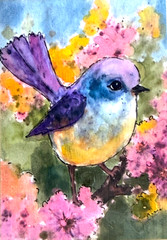 Original Bird ACEO Watercolor Painting OOAK Purple Songbird Floral Art