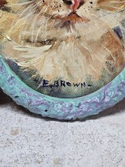 Signed E. Brown Folk Art Orange Tabby Kitten Painting Oval Textured Frame 2003