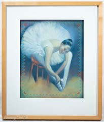 Stunning Painting of Ballet Dancer Tying Slipper Illegibly Signed 22.5×19.25″