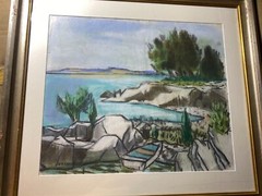 Frederick Childs (1908 – 1978) «Coastal Landscape» Pastel Painting-Signed/Framed