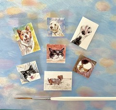 Custom Miniature Pet Portrait origin. Hand painted watercolor 1″ x 1.5″ or ACEO