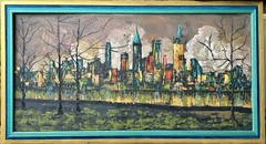 Abstract Modernist New York City Skyline Oil Painting Board Impasto Vibrant MCM